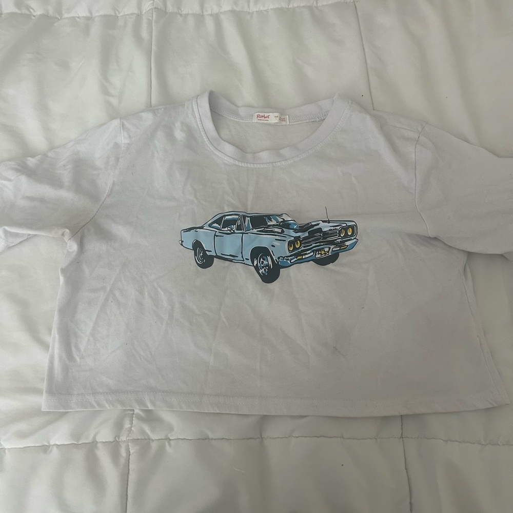 White Crop Top with Vintage Car Graphic
